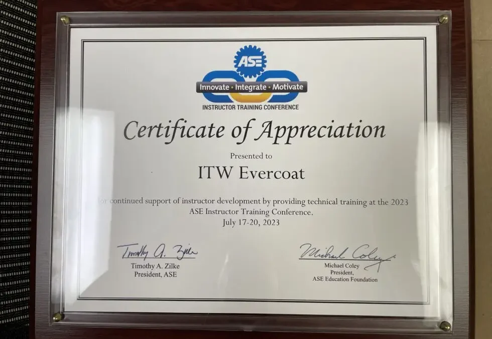 Evercoat Presented With a Certificate of Appreciation at the ASE Education Conference