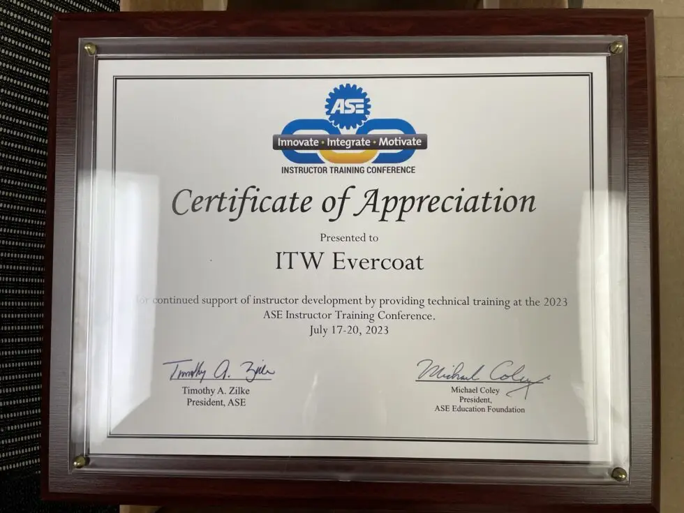 Evercoat Certificate of Appreciation at ASE
